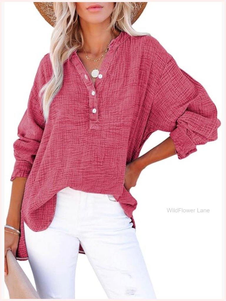 Oversized Solid Button Down Tunic Long Sleeve Blouse Top